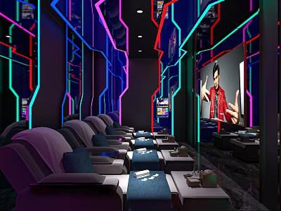 Relaxing Modern SPA Sauna Interior With Neon Lights And Comfortable Lounge Seats 3d model