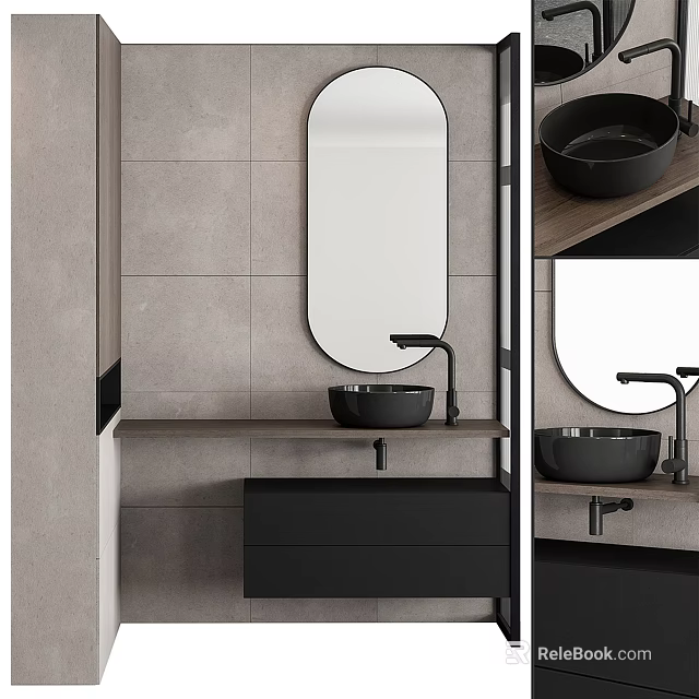 Modern Bathroom Interior With Gray Tiles Oval Mirror Black Sink And Cabinet 3d model 