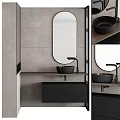 Modern Bathroom Interior With Gray Tiles Oval Mirror Black Sink And Cabinet