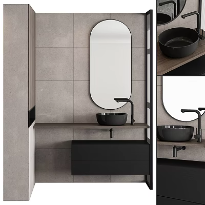 Modern Bathroom Interior With Gray Tiles Oval Mirror Black Sink And Cabinet 3d model