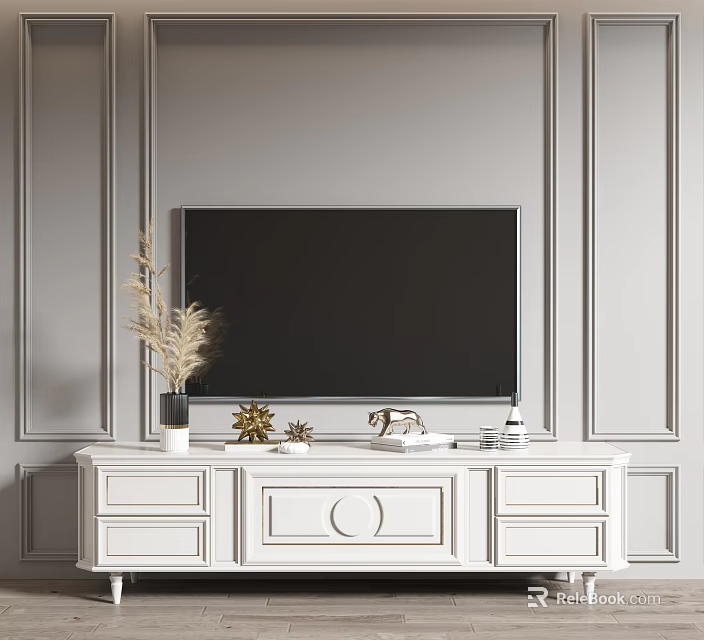Modern White TV Stand with Drawers TV Decorations Vase and Gray Paneled Wall 3d model 