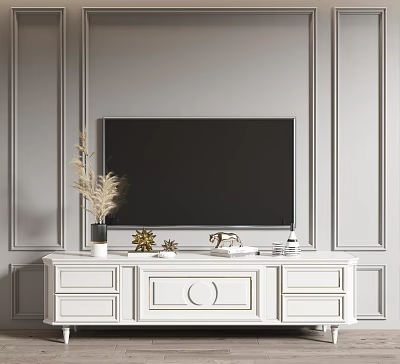Modern White TV Stand with Drawers TV Decorations Vase and Gray Paneled Wall 3d model