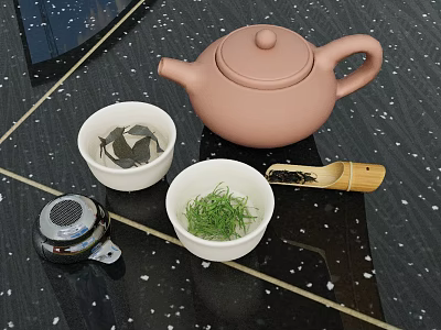 Pink Teapot and White Tea Cups with Tea Leaves Wooden Spoon on Black Speckled Countertop 3d model