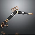 Black Gold Robotic Arm With Silver Details Claw Hand And Orange Rings On Dark Background