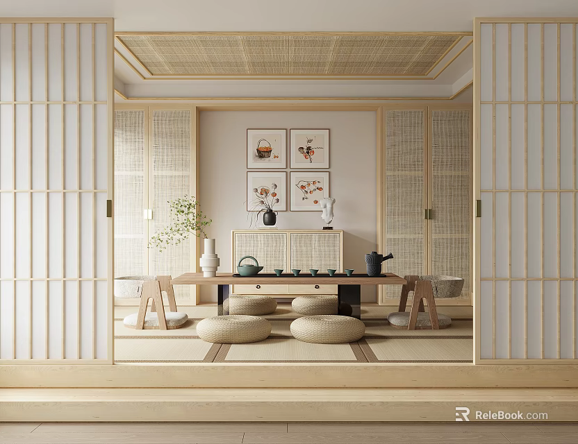 Japanese Style Tea Room Interior With Bamboo Screens Decorative Paintings And Tatami Cushions 3d model 