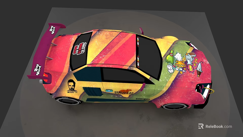 Vibrant Graffiti Race Car Featuring Colorful Patterns And Cartoon Characters 3d model 