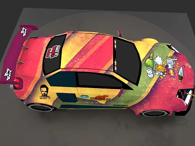 Vibrant Graffiti Race Car Featuring Colorful Patterns And Cartoon Characters 3d model