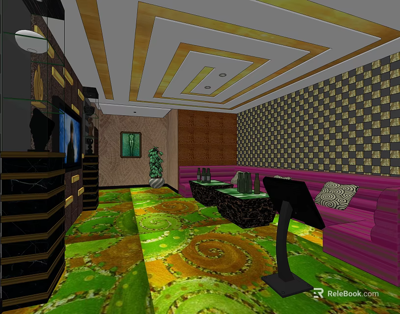 KTV Interior Design With Purple Sofa Green Carpet And Decorative Ceiling 3d model 