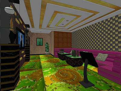 KTV Interior Design With Purple Sofa Green Carpet And Decorative Ceiling 3d model