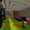 KTV Interior Design With Purple Sofa Green Carpet And Decorative Ceiling