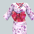 Pink Kimono With Purple Cherry Blossom Print And Red Bow Sash White Trimmed Cuffs