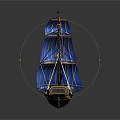 Vintage Sailing Ship Model With Blue Sails Black Hull And Yellow Accents