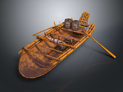 Traditional Handmade Wooden Boat With Bamboo Oars Barrels And Woven Body Design 3d model