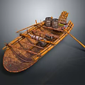 Traditional Handmade Wooden Boat With Bamboo Oars Barrels And Woven Body Design
