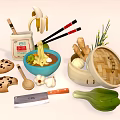 Assorted Asian Food Ingredients and Tools Including Noodles Banana Cookies Vegetables and Steamed Buns