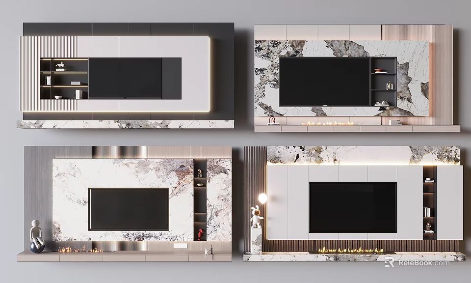 Modern TV Wall Interior Design With Marble Texture Cabinets And Lighting Strips 3d model