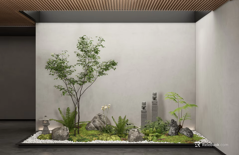 Indoor Zen Garden Plant Combination With Trees Ferns Stones And Lanterns 3d model 