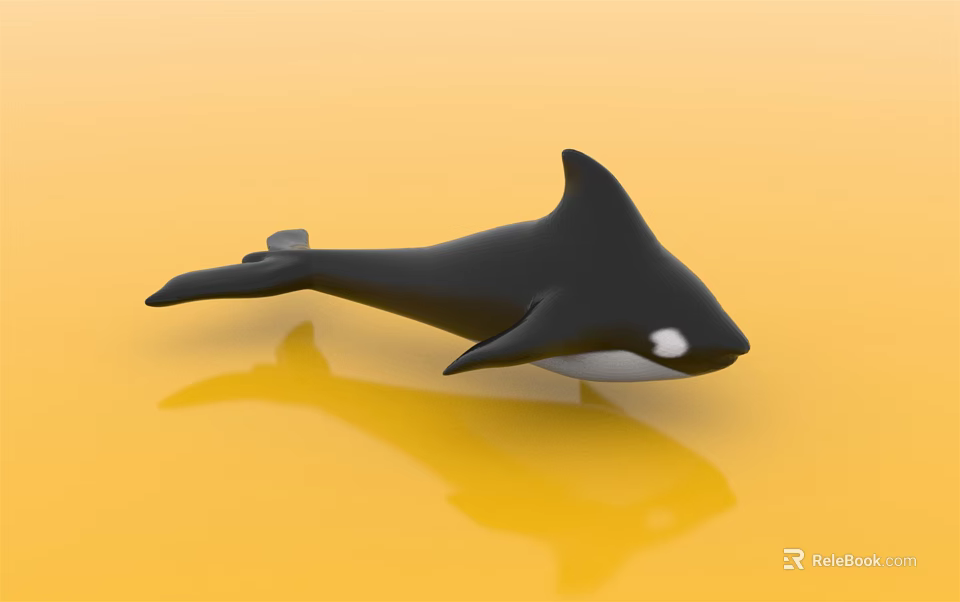 Black and White Orca Aquatic Animal 3D Model on Yellow Background with Reflection 3d model 