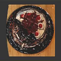 Chocolate Cake With Cherry Topping Sliced Piece Cream Layers On Black Plate Wooden Base