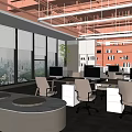 Bright Modern Office Interior Design With Orange Ceiling Large Windows Green Plants Desks And Bookshelves