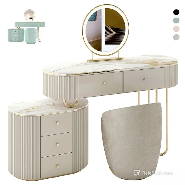 Elegant Modern Dressing Table With Marble Top Gold Accents Round Mirror Drawers And Velvet Chair 3d model 
