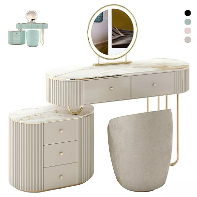 Elegant Modern Dressing Table With Marble Top Gold Accents Round Mirror Drawers And Velvet Chair 3d model