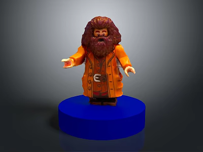 Toy Doll Figure with Brown Long Hair Beard and Orange Coat Standing on Blue Base 3d model