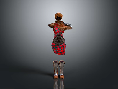 Woman In Red Plaid Dress With Fur Collar And Leather Armor 3d model