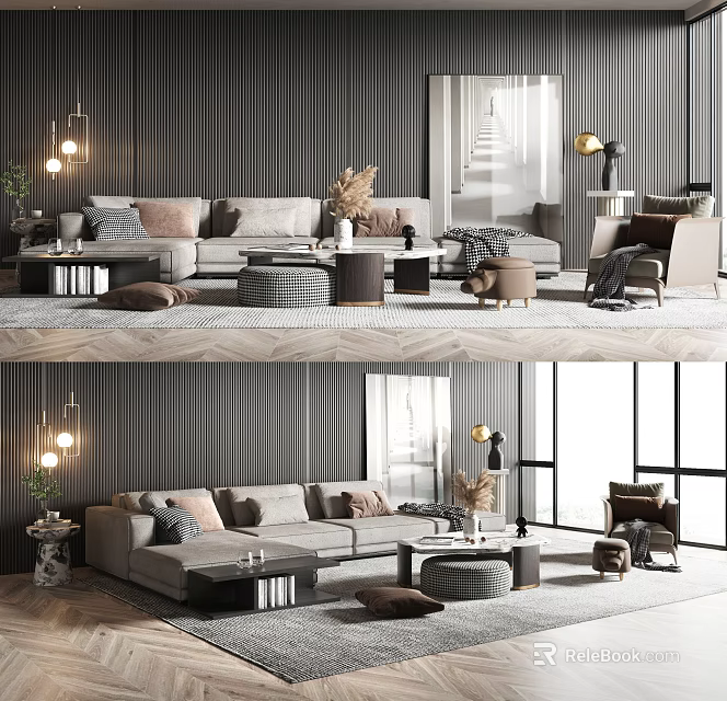 Modern Sofa And Coffee Table Set In Living Room With Pillows Rug And Wall Lighting 3d model 