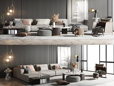 Modern Sofa And Coffee Table Set In Living Room With Pillows Rug And Wall Lighting 3d model
