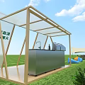 Outdoor Camping Tent With Wooden Food Counter And Colorful Mats On Lawn