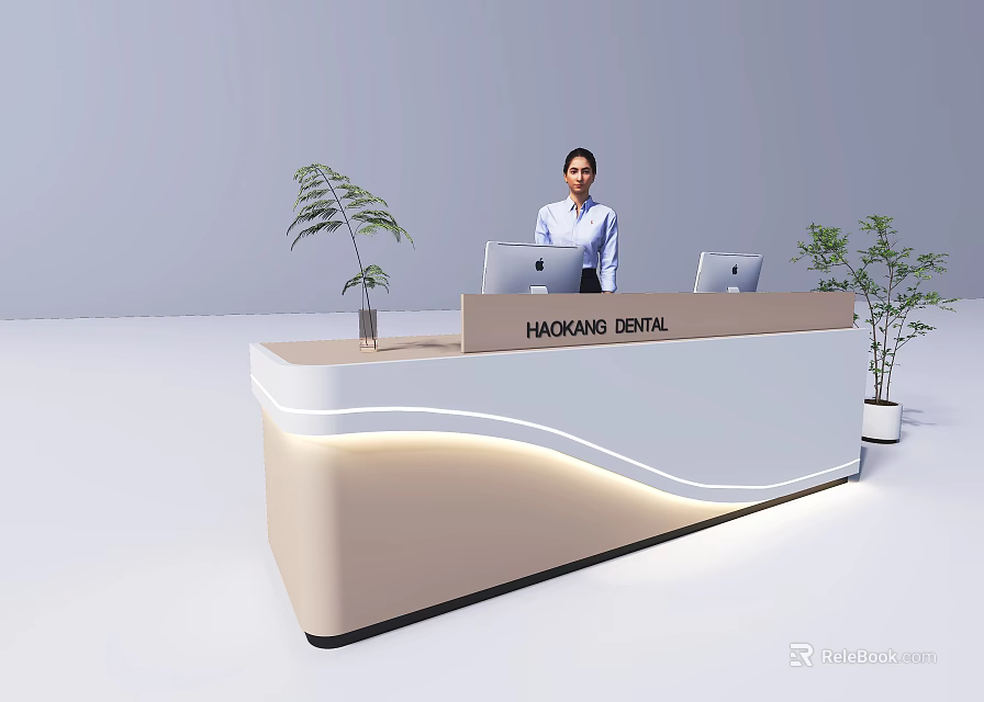 Modern Retail Store Front Desk with Curved Design Laptop and Green Plant 3d model 