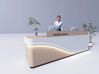 Modern Retail Store Front Desk with Curved Design Laptop and Green Plant 3d model