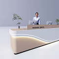 Modern Retail Store Front Desk with Curved Design Laptop and Green Plant