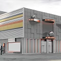 Modern Storefront Facade Design With Gray Concrete Panels Colorful Stripes Neon Sign And Glass Doors