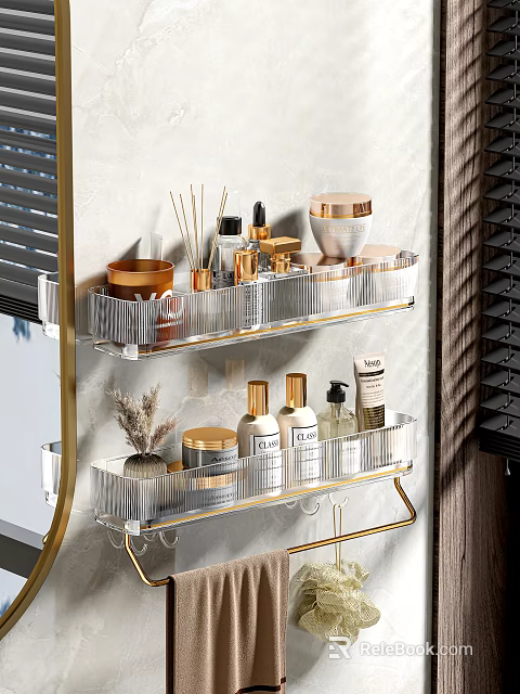 Modern Acrylic Bathroom Shelf with Gold Frame Double Layer Wall Mounted Storage for Toiletries 3d model 