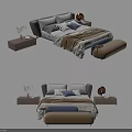 Modern Double Bed Interior With Nightstands Pillows Throw Blanket And Ottoman 3d model
