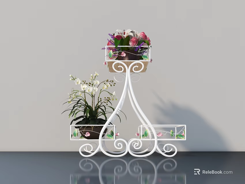 Elegant Iron Garden Ornament With Multi Tiered Stand Holding White Orchids And Pink Flowers 3d model 