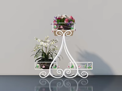 Elegant Iron Garden Ornament With Multi Tiered Stand Holding White Orchids And Pink Flowers 3d model