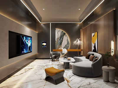 Modern KTV Interior Design With Large TV Screen Comfortable Sofa And Decorative Paintings 3d model