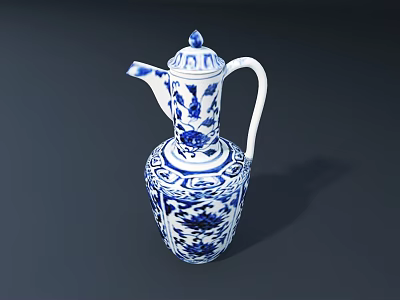 Blue and White Porcelain Ceramic Vessel With Floral Patterns Lid and Spout 3d model