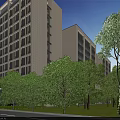 Aerial Planning of Modern Multi storey Buildings With Trees Pedestrians Road and Blue Sky