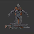 Futuristic Armored Warrior With Black Silver Armor Orange Cape And Chainsaw Gun Weapon