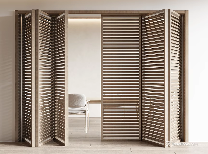 Modern Wooden Louvered Folding Door Design For Interior Space With Chair 3d model 