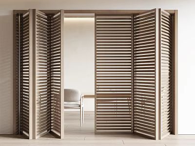 Modern Wooden Louvered Folding Door Design For Interior Space With Chair 3d model