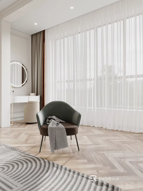 Stylish Bedroom Interior With Round Mirror Dressing Table Green Armchair Checkered Blanket And White Curtains 3d model 