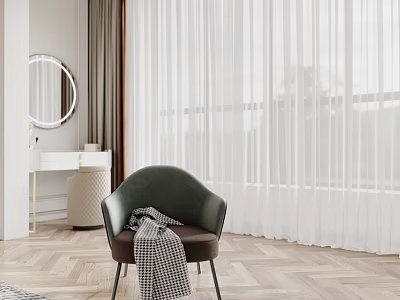 Stylish Bedroom Interior With Round Mirror Dressing Table Green Armchair Checkered Blanket And White Curtains 3d model