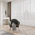 Stylish Bedroom Interior With Round Mirror Dressing Table Green Armchair Checkered Blanket And White Curtains