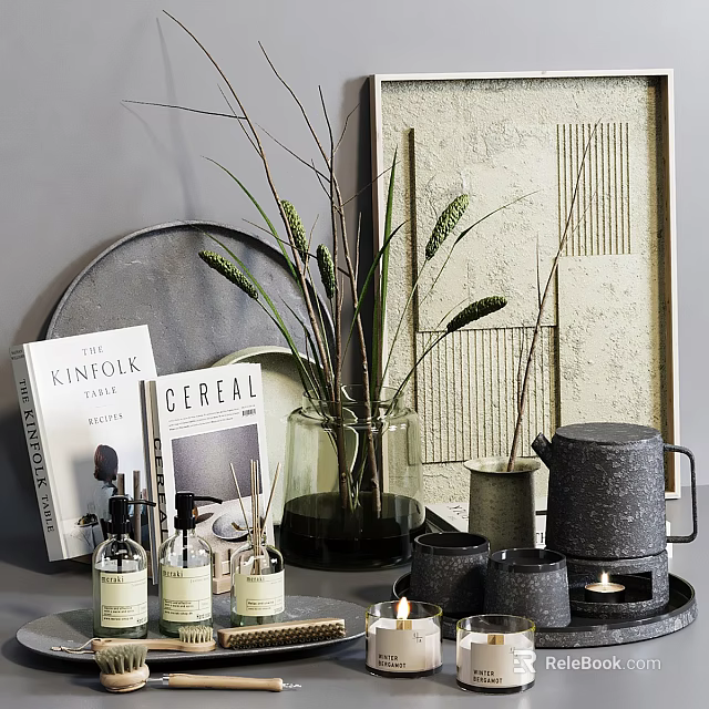 Stylish Decorative Ornament Set With Books Plants Vase Candles And Tray 3d model 