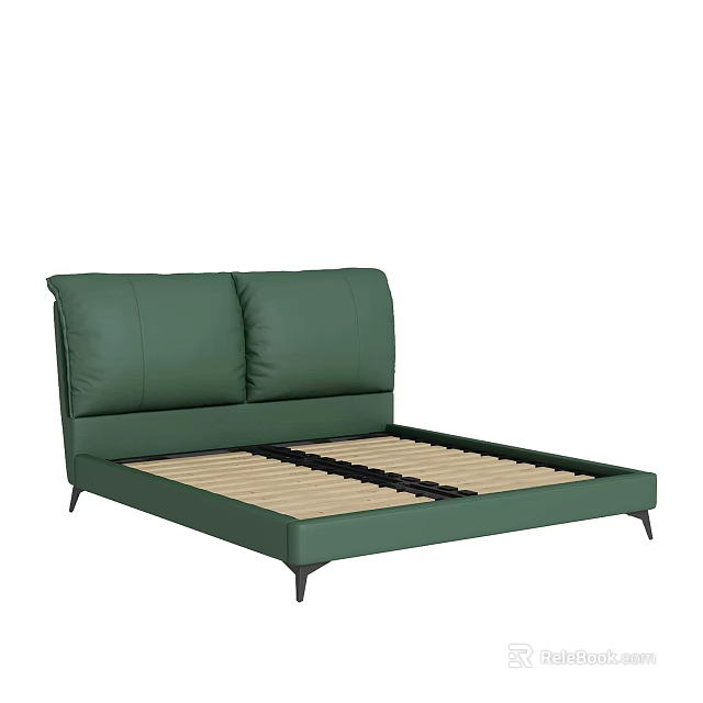 Green Double Bed With Upholstered Headboard Two Cushions Wooden Slats And Black Slim Legs 3d model 